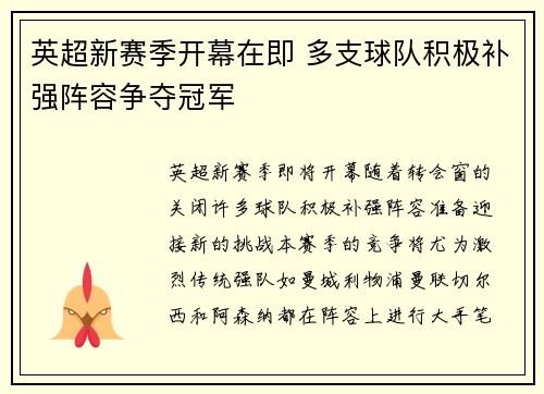 英超新赛季开幕在即 多支球队积极补强阵容争夺冠军